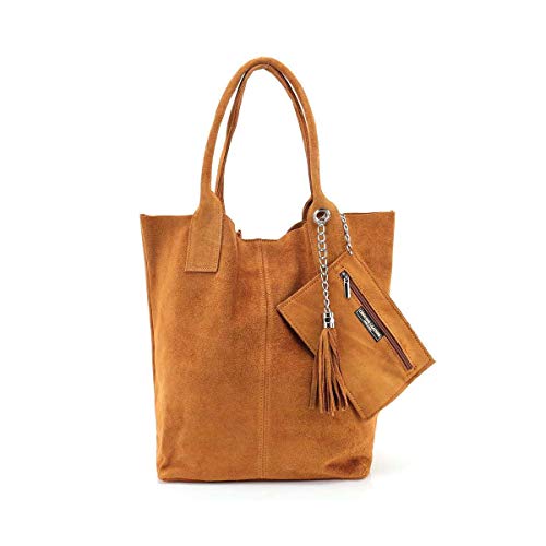 Made IN Italy Damen XXL Leder Tasche + Schmucktasche Handtasche Wildleder Shopper Schultertasche Fransen Umhängetasche Quaste Kette DIN-A4 Hobo Tote Bag Braun