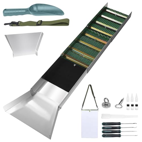 ALLOYNIX 50 Folding Aluminum Sluice Box - Portable Gold Mining Equipment with Miners Moss for River & Creek Prospecting with Essential Prospecting Tools (Magnet Picks Vials Included)