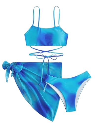 Bikini de 3 piezas para piscina y paseos marítimos con falda pareo tie-dye