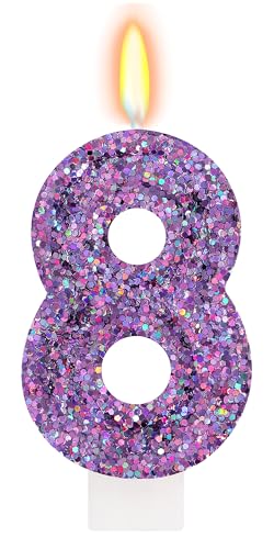 FAMGift Deep Purple Glitter Birthday Candles for Girls - Number 8 Candle Cake Topper for Kpop Themed Birthday Party Decorations