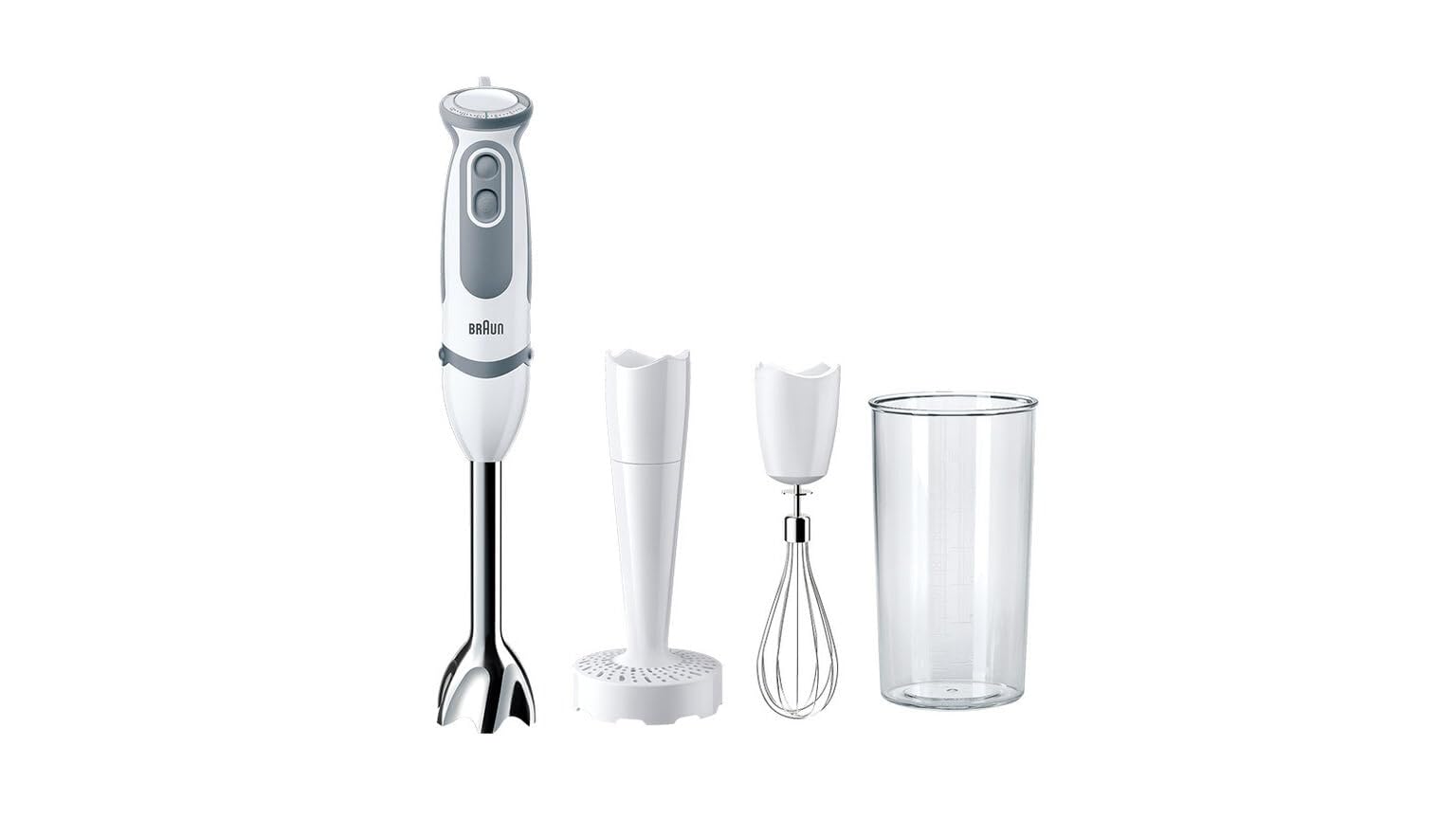Braun Hogar Batidora de mano, 21 velocidades y función turbo, anti-​salpicaduras, Powerbell Plus, 3 accesorios (varillas, pasapuré, vaso medidor 600 ml), Blanco, 1000 W