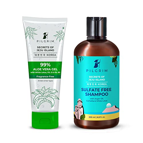 Image of Pilgrim Smooth & Silky Hair Nourishment Combo Kit | 99% Pure Aloe Vera Gel 200ml | Mild Sulphate free Shampoo 200ml | Frizz-Free Hair Care Combo | Hair Care Kit for Men and Women
