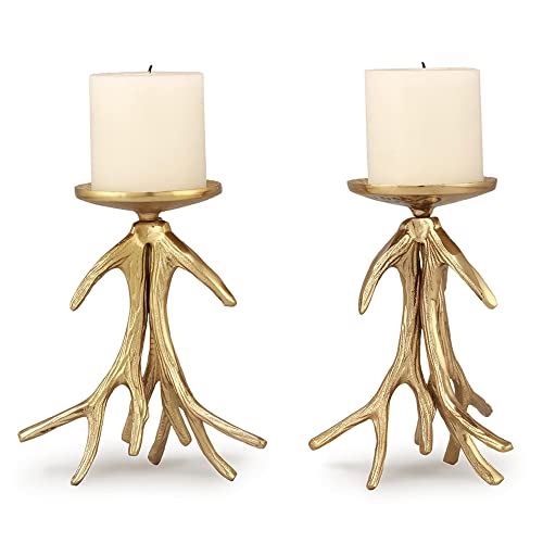 SPI Home 21050 Rustic Golden Antler 8 x 6.5 Aluminum Pillar Candle Holder Set of 2