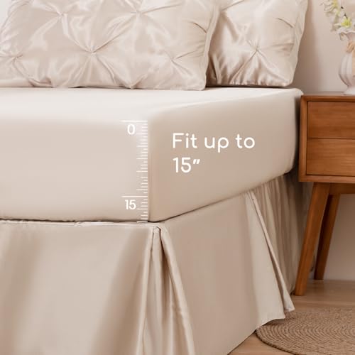 MR&HM Satin Comforter Full 7 Pieces - Luxurious Pinch Pleat Bedding Set with Comforter, Flat Sheet, Fitted Sheet, Pillowcases & Shams, Super Silky Soft Bed Set for All Season (Full, Beige)