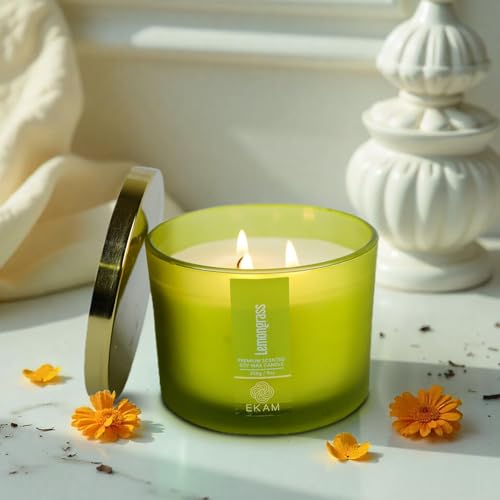 Image of EKAM 3 Wick Soy Wax Scented Candle | Lemongrass Fragrance | 35 Hr Burn | Long Lasting Premium Jar Candle for Home Decor, Relaxation & Aromatherapy
