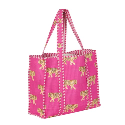 Image of LKGSM RUGS Cotton Tiger Block Print Tote Bag, Indian Handmade Shopping Shoulder Bag, Unisex Market Daily Use