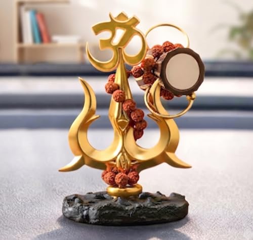 Image of Lord Shiva Trishul Idol with Om, Damru & Rudraksha Beads - Resin Gold Finish, 4.5 Inch | Spiritual Decor for Home Temple, Office Desk & Car Dashboard