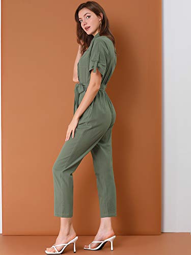 Allegra K Women's Short Sleeve Collared Cropped Coverall Button Down Tie Waist Cotton Cargo Jumpsuit Large Green #TOP1