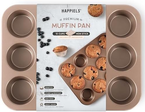 HAPPIELS Non Toxic Nonstick 12 Cup Muffin Pan | PFOA BPA free Nontoxic Cupcake Tin | Best Non Stick Muffin Pans | Muffin tins | Cupcakes Tray | Carbon Steel Bakeware Mold Trays