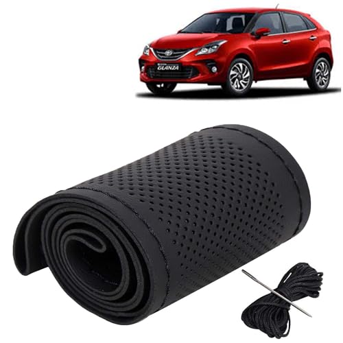 Image of KINGSWAY PU Leatherite Car Steering Cover Sewable Compatible with Toyota Glanza (Year 2019-2022), Black Color with Black Thread, Pack of 1 with Sewing Needle and Thread