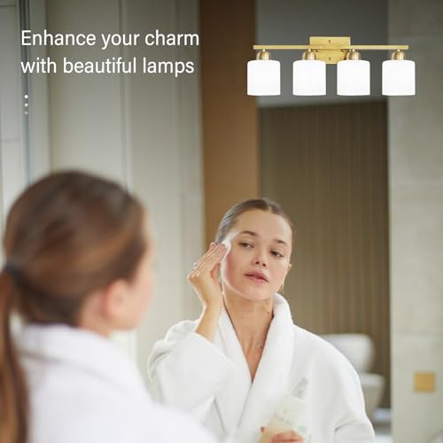 Image of 4 Light Gold Light Fixture Bathroom, Brushed Gold Vanity Light with Milky White Frosted Glass Shades, Lights for Bathroom Mirror for Living Room Bedroom Hallway E26 Base