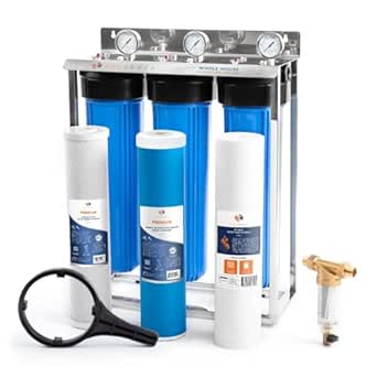 Aquaboon 3-Stage Whole House Water Filter System with 5 Micron 20x4.5 Filter, Pressure Gauge, and Accessories
