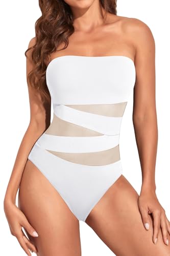Image of Holipick Women Sexy One Piece Swimsuit Strapless Bathing Suits | Bandeau Neckline, Mesh Cutout Design, Push Up Removable Pads, High Cut, Removable Straps, Pool Beach Cruise Resort