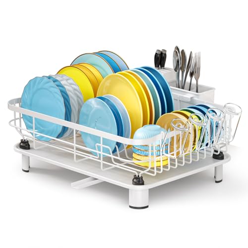LZNIOZ Dish Rack with Cup Holder & Cutlery Holder, Drying Rack with 270°Drip Tray, Dish Drainers Rack for Kitchen (White)