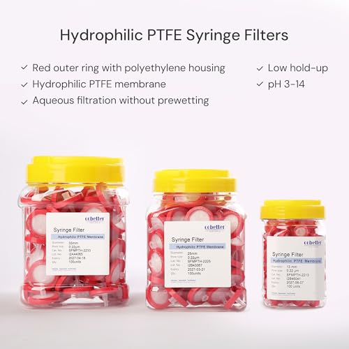 Image of 100 Pack Syringe Filter PTFE hydrophilic Lab Filters 0.1μm Pore Size 33mm Diameter Filtration Non-sterile Red