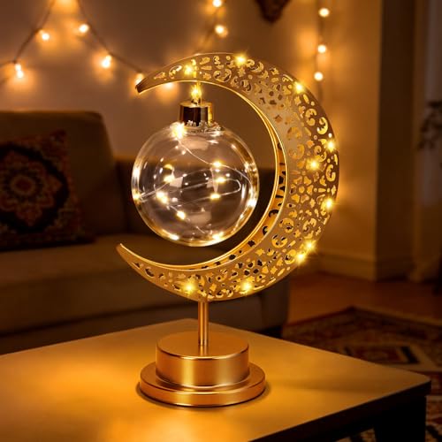 Lámpara de Mesa Luna Creciente Dorada Metal Vidrio Batería
