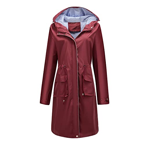 YUNCLOS Damen Lange Regenjacke mit Kapuze - Leichter Trenchcoat für Hundespaziergänge, Wandern & Reisen,Rot,L