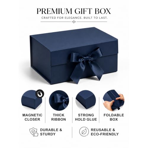 Image of Kura by Ekhasa Foldable Large Multipurpose Gift Hamper Box (21.5 x 21 x 9.5 cm) with Magnetic Closure & Ribbon | Blue Rigid Cardboard Empty Reusable Packing Box | Birthday, Wedding & Festive Gifting
