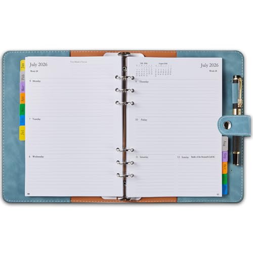 Agenda 2026 Semana Vista A5 Recargable, Planner Anual con Pestañas Mensual, Página para Note Contacto Contraseñas, Portabolígrafos, Tapa Blanda Cuero PU, Planificador Diario Organizador, Ene a Dic