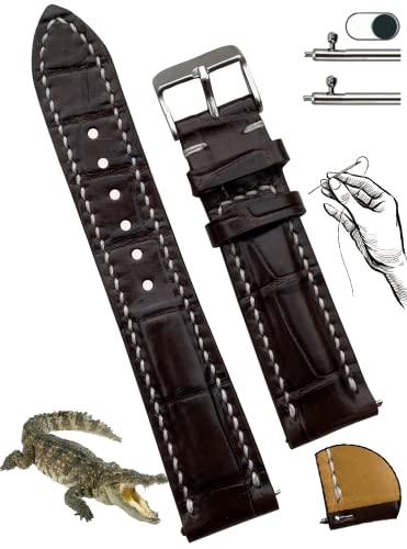 vinacreations 20mm Dark Brown Alligator Belly Leather Watch Band Hand Stitching Men Quick Release Crocodile Exotic Replacement Wristwatch Strap Premium Handmade DH-155-20MM