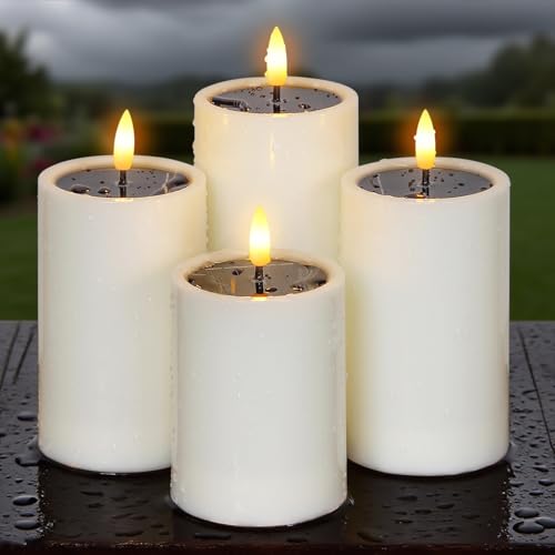 Bryxidor Solar Waterproof Pack of 4 LED Dusk to Dawn Candles Ivory Fake 7.5cm x 10cm 12.5cm 15cm Wax Oil Effect Electric Flameless Flickering Plastic Candles for Outdoor Decoration