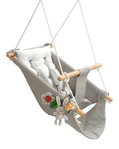 Baby Swing Indoor Outdoor Canvas Hammock Swing for Infant to Toddler With Comfort Footrest Montessori Toys Upgraded 5-Point Harness for Secure Fit 3 Modes Gift for Baby Boys Girls Grey and White