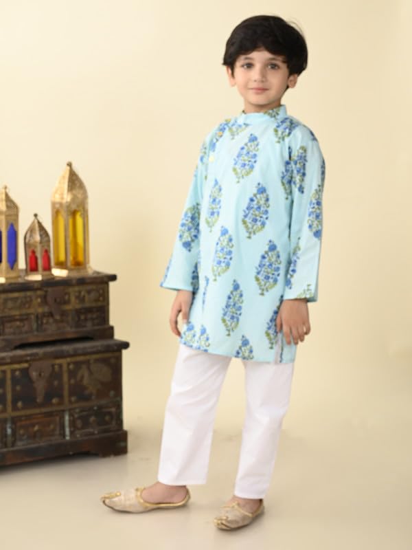 Image of superminis Boys Cotton Full Sleeves Side Open Sanganeri Printed Kurta With Pyjama Set