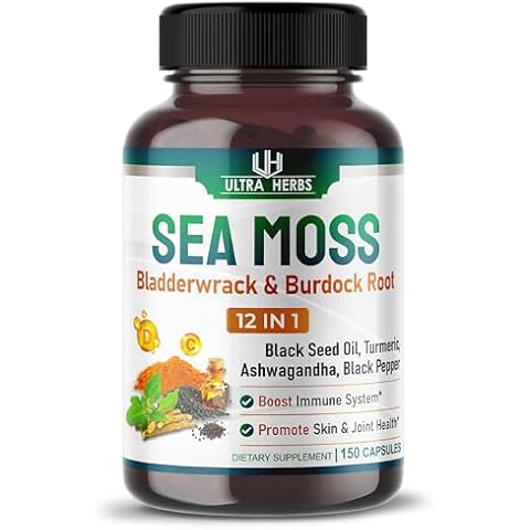 Organic Sea Moss Capsules 12,900mg with Black Seed Oil, Ashwagandha, Burdock Root, Bladderwrack for Immune System, Gut, Skin & Energy *USA made & tested* (150 Count (Pack of 1)) Cover