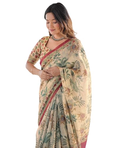 Image of SIRIL Women's Cotton Linen Kalamkari Printed Handloom Saree with Unstitched Blouse Piece