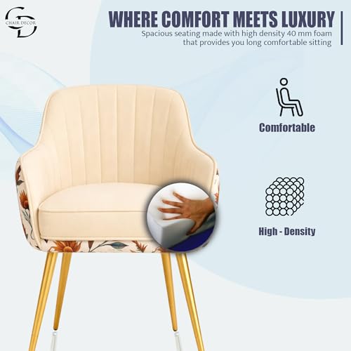 Image of Velvet Accent Chair | Luxury Upholstered Armchair with Sturdy Metal Legs | Modern Comfortable Chair for Living Room, Bedroom, Office, or Cafe (Golden Legs, White Floral)