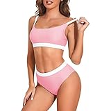Zando High Waisted Bikini Sets for Women Cute Bikinis for Teen Girls Sports Color Block Swimsuit Women Two Piece Cheeky High Cut Bathing Suit Full Coverage Preppy Swimsuits Pink White Splice 12-14
