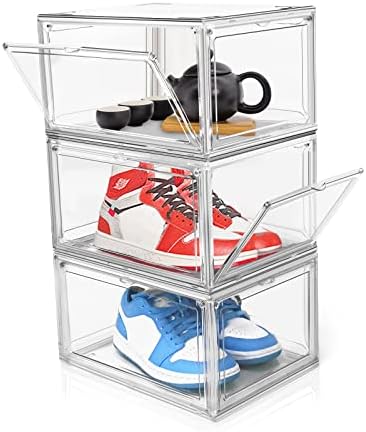 Clear Plastic Stackable Shoe Box Acrylic Organizers with 2 Magnetic Lids Acrylic Shoe Display Case Transparent Sneaker Box Collection Storage Boxes Boot & Shoe Boxes Clear Shoe Organizer Containers, Side and Front Open 3Pack