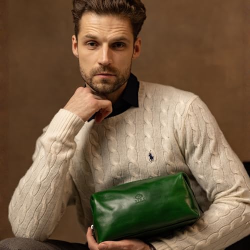 Beauty Case Uomo Pelle Realizzato In Italia Da Esperti Artigiani – Beauty Da Viaggio, Apertura Ampia – Borsa Da Toilette Da Viaggio – Time Resistance (Verde) - 2