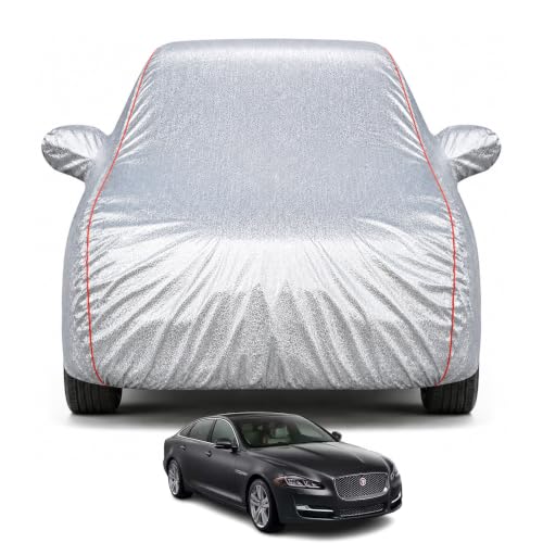 Image of Premium Car Cover for Jaguar XJL Model | Waterproof, UV & Dust Protection | Mirror & Antenna Pocket | Triple Stitched, Soft Inner Lining, Belt & Buckle (Metalic Silver)