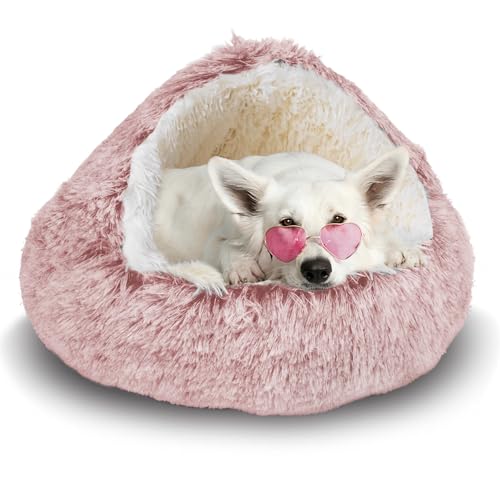ShinHye Cat Bed Round Plush Fluffy Hooded Cat Bed Cave, Cozy for Indoor Cats or Small Dog beds, Soothing Pet Beds Doughnut Calm Anti-nxiety Dog Bed - Waterproof Bottom Washable (26Ã—26inch, Pink)
