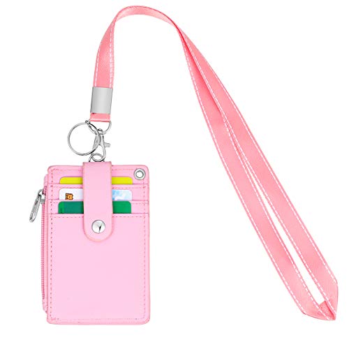 Image of ID Badge Holder with Lanyard,2 Sided 5 Card Slots ID Card Holder Wallet with PU Leather Zipper Pocket and Detachable Keychain Lanyard for Teens Women(Pink)