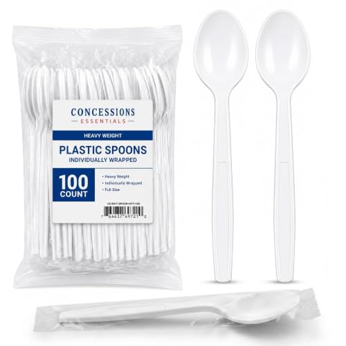 Concession Essentials 6 3/8" Heavy Weight White Plastic Spoons – Individually Wrapped Disposable Spoons – 100 Count
