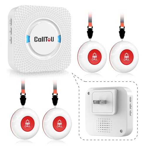 Image of CallToU Caregiver Pager Wireless Call Button Smart Bell Alert System for Elderly Home Patient Seniors Nurse 4 Portable Waterproof Transmitters 1 Plugin Receiver