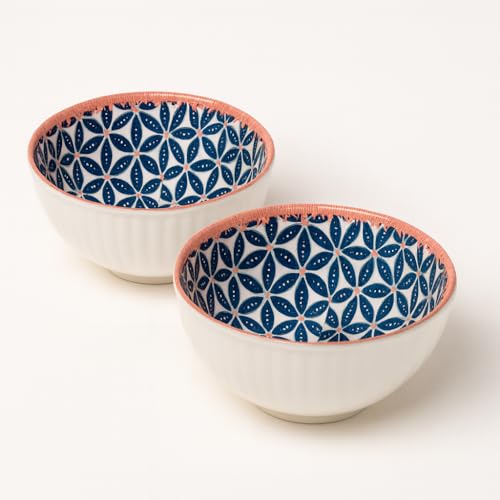 Image of YELONA Ceramic Bowls Set of 2 | 300ml Japanese Honeycomb Rice & Snack Bowls | Blue Blossoms Design | Microwave & Dishwasher Safe | 11.5 cm | Lead-Free Porcelain
