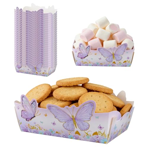 MOROBOR Bandejas de comida con temática de mariposa, paquete de 24 bandejas de papel desechables, platos de papel, palomitas de maíz, cartón, barcos, aperitivos, dulces, bandeja para servir