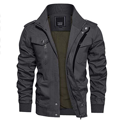 CRYSULLY Men Cotton Multi Pocket Stand Collar Outdoor Coat Lightweight Military Jackets Grey/US L/Tag 3XL
