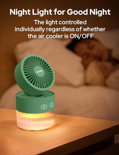 Image of COSTAR Portable Table Fan with Mist Humidify, USB Rechargeable Fan w /Night Light, Brushless 3 Speeds Personal Mini Fan, 180 Rotate Evaporative Air Cooler 350ml Water Tank