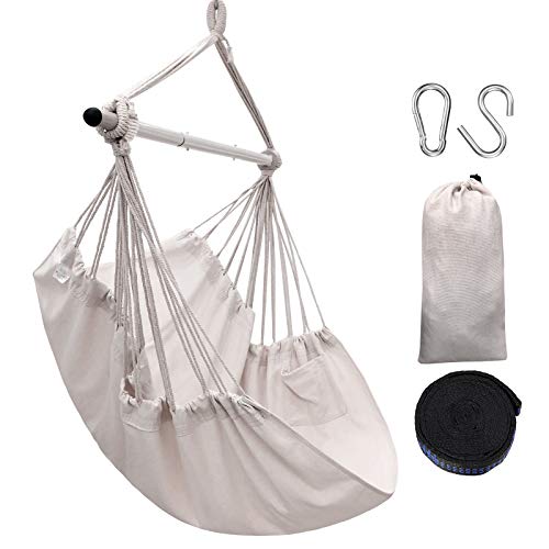 ECHTPower Hammock Chair with Side Pocket, Large Hanging Swing Chair Load Capacity 500 lb, Metal Support Bar, Easy to Install, Soft Hanging Chair