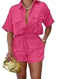 Euulin 2 Piece Outfits for Women Button Down Lightweight Short Sleeve Tops Shirts Lounge Casual Summer Shorts Sets with Pockets Rose Red L