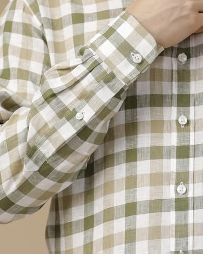 Image of Linen Club Men's Pure Linen Blue Checked Contemporary Fit Half Sleeve Casual Shirt