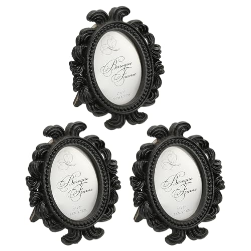 PATIKIL 3Pcs Mini Picture Frames, 2.4x1.8 Oval Resin Small Vintage Picture Frames Baroque Decor for Home Wedding Jewelry Display Hotel Decor Wall Art, Black
