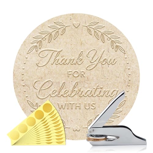 Image of ANATTASOUL Book Embosser Personalized Thank You For Celebrating With Us Pattern Book Stamp, Durable Library Stamp with Handle Set for Book, Envelopes, Documents, Certificate(100Pcs Gold Foil Stickers)
