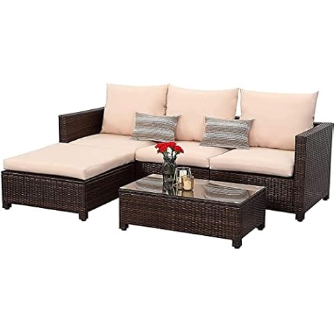 Esterno Living Rattan Modular Corner Sofa Set Mixed Brown 5PC Garden Corner Sofa includes Cream Cushions Compact Wicker Weatherproof Garden Set Seat Large Coffee Table. FREE RAIN COVER Cover