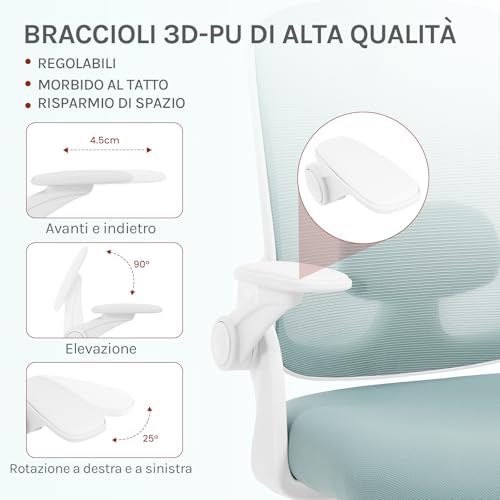 Sedia Ufficio Ergonomica con Poggiatesta e Braccioli Regolabili, Supporto Lombare, Poltrona Scrivania Girevole in Rete Traspirante Funzione Dondolo, Blu - Sedia gaming - Immagine 4