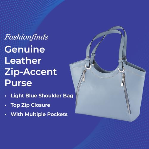 Genuine Leather Zip-Accent Purse, Light Blue Shoulder Bag for Women, Top Zip Closure, Ladies Handbag with Multiple Pockets2
